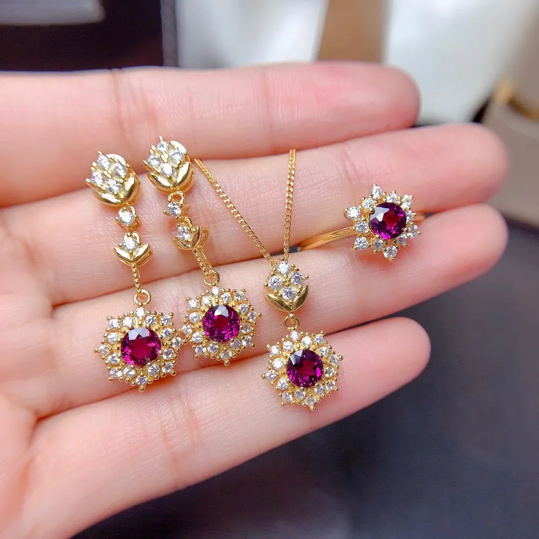 Round Red Ruby  Jewelry Sets For Women Engagement Jewellery