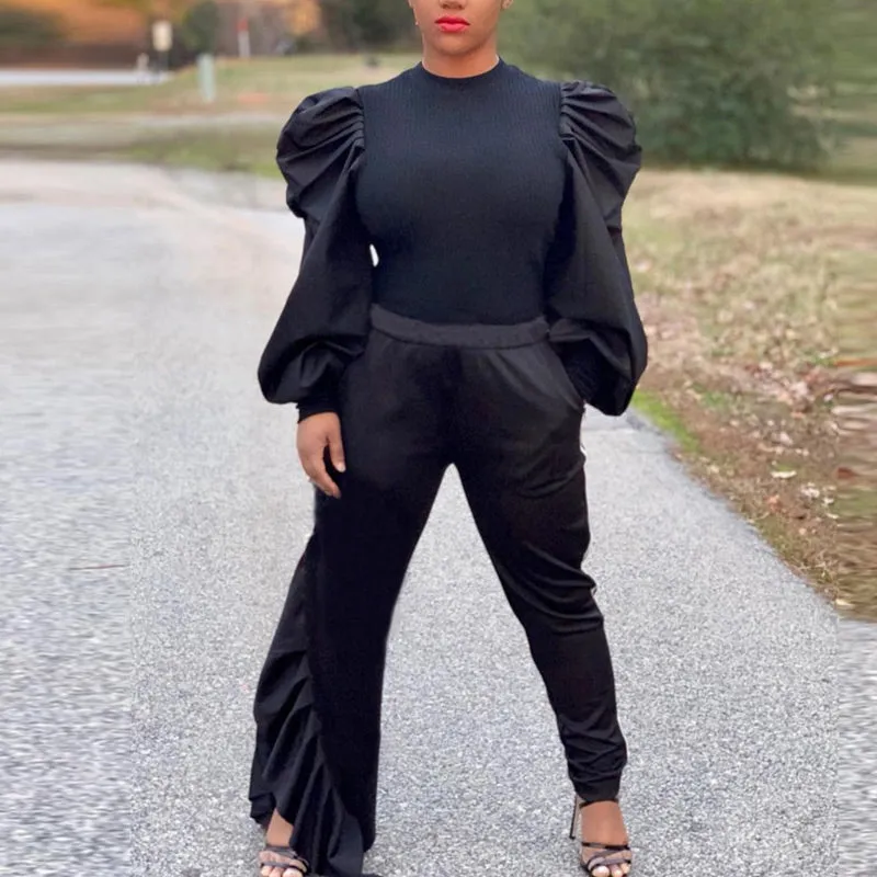 Ruffles Long Sleeve Patchwork Ribbed Top & Asymmetric Hem Pants Set