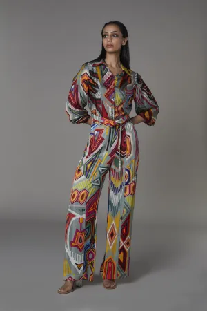 Saaksha & KinniÂ    I   Grey mix booti new style cotton silk shirt  Grey mix booti high waist trousers with flap Shirt - Cotton Silk  Trousers - Satin Multi   SS22010    SS22011