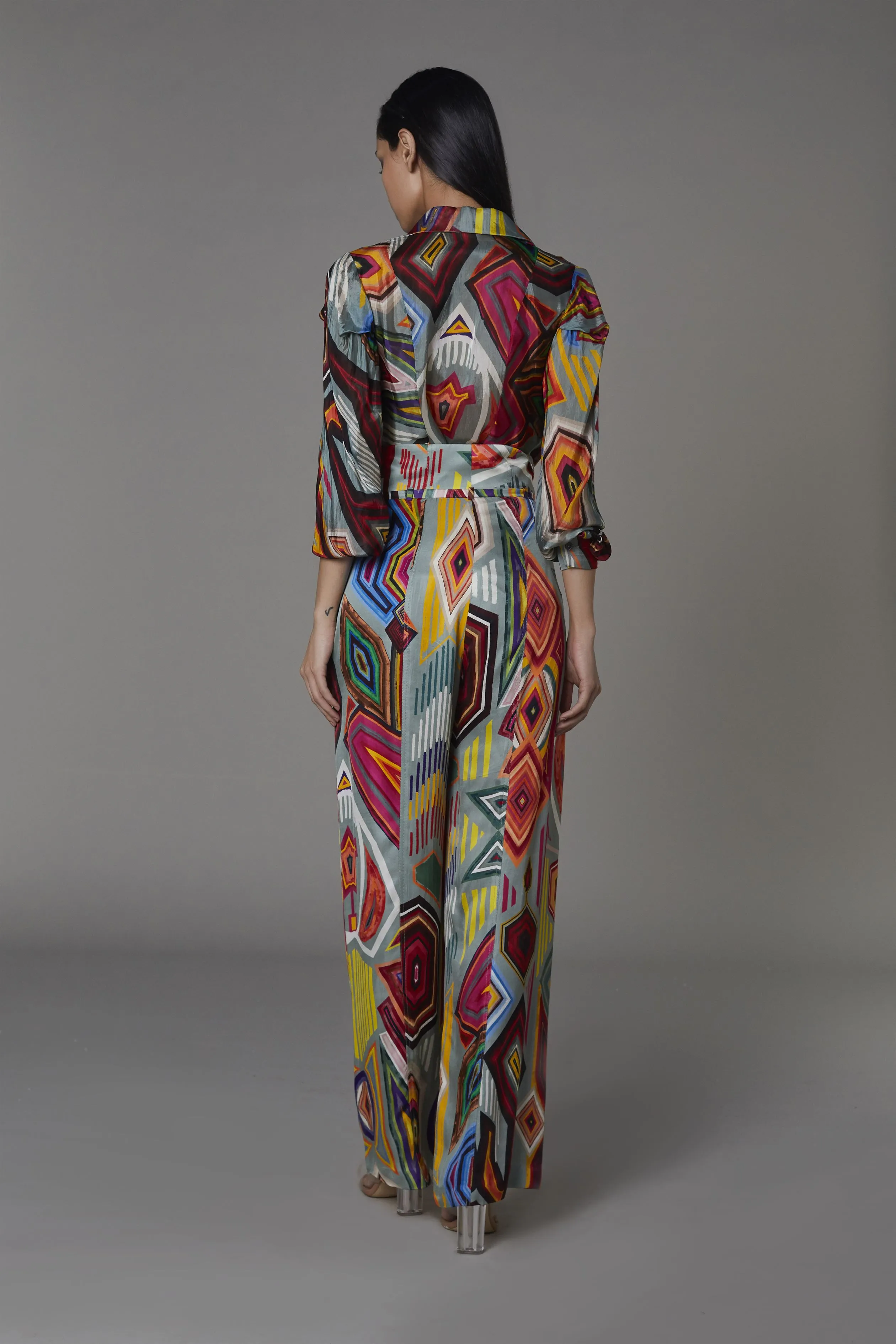 Saaksha & KinniÂ    I   Grey mix booti new style cotton silk shirt  Grey mix booti high waist trousers with flap Shirt - Cotton Silk  Trousers - Satin Multi   SS22010    SS22011