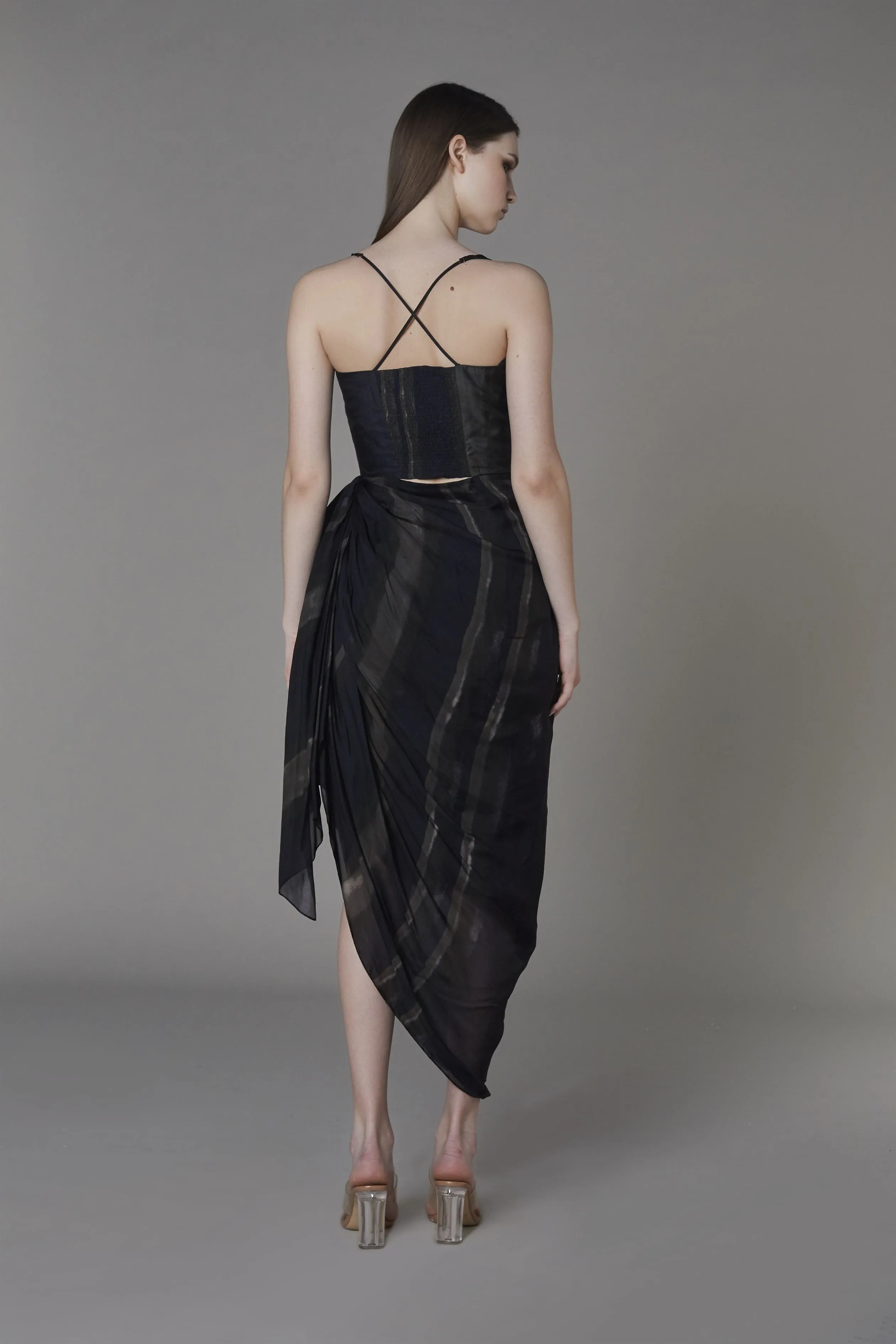 Saaksha & KinniÂ    I   Olive black stripe dolly dress Chiffon / Cotton Silk / Satin Olive Black SS22130