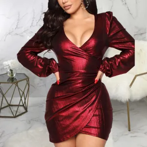 Sexy Glitter V-Neck Long Sleeve Asymmetric Hem Dress