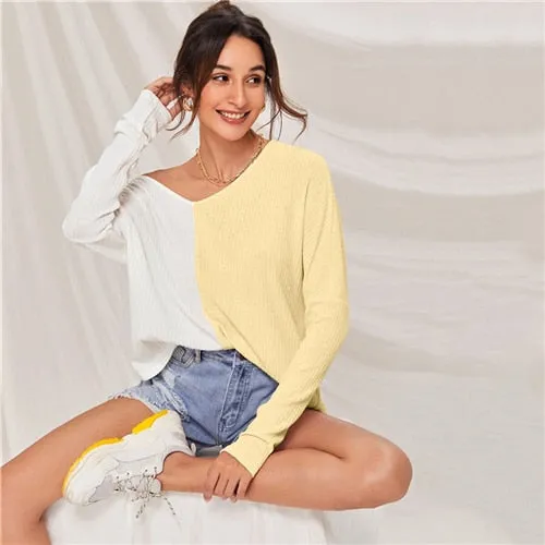 SHEIN Multicolor V-neck Two Tone Rib-knit Tee Women Autumn Drop Shoulder Long Sleeve Colorblock Casual T-shirt Tops