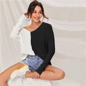 SHEIN Multicolor V-neck Two Tone Rib-knit Tee Women Autumn Drop Shoulder Long Sleeve Colorblock Casual T-shirt Tops