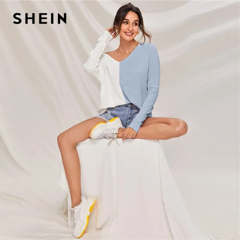 SHEIN Multicolor V-neck Two Tone Rib-knit Tee Women Autumn Drop Shoulder Long Sleeve Colorblock Casual T-shirt Tops