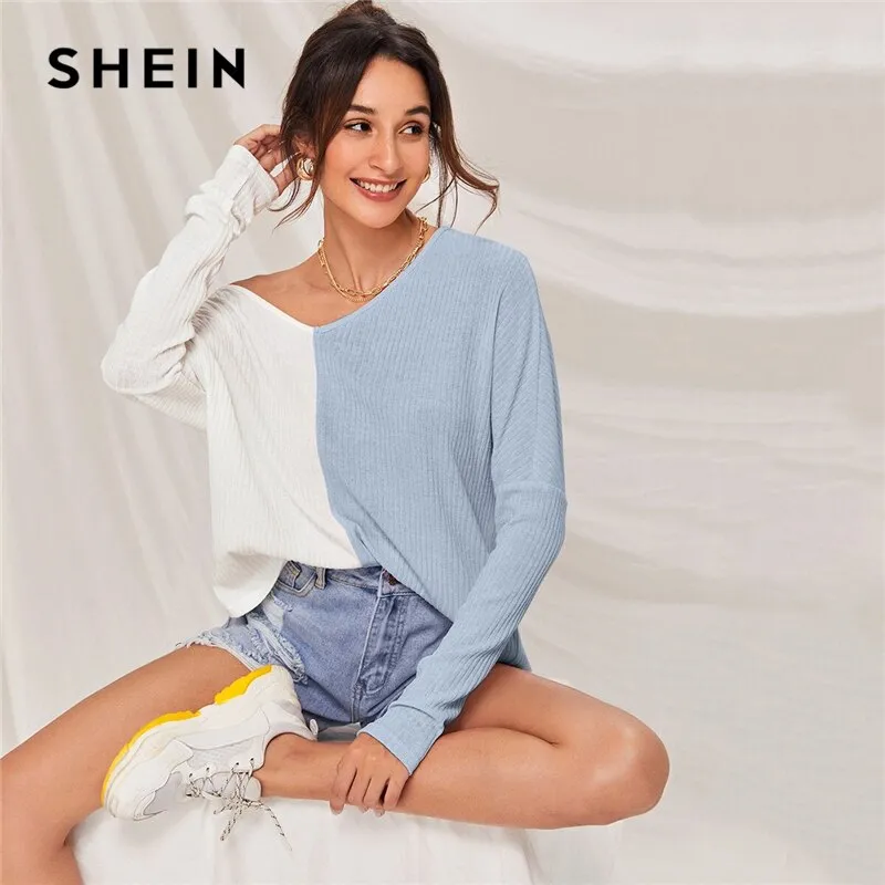SHEIN Multicolor V-neck Two Tone Rib-knit Tee Women Autumn Drop Shoulder Long Sleeve Colorblock Casual T-shirt Tops