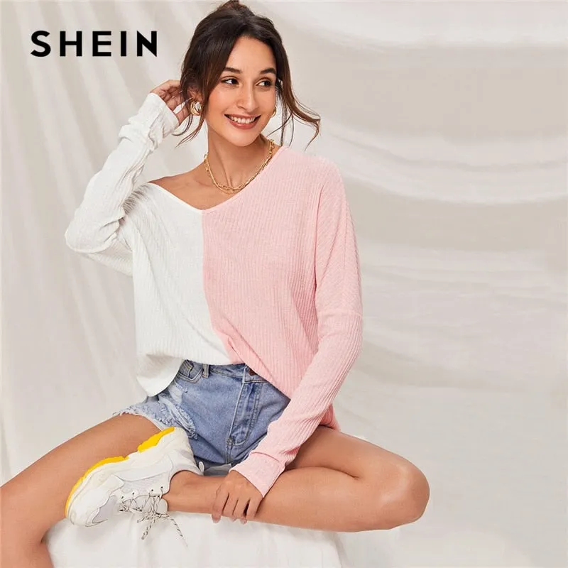 SHEIN Multicolor V-neck Two Tone Rib-knit Tee Women Autumn Drop Shoulder Long Sleeve Colorblock Casual T-shirt Tops
