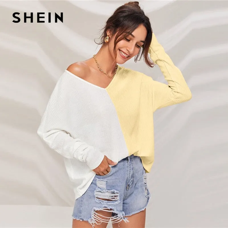 SHEIN Multicolor V-neck Two Tone Rib-knit Tee Women Autumn Drop Shoulder Long Sleeve Colorblock Casual T-shirt Tops