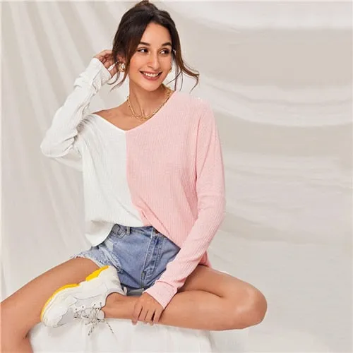 SHEIN Multicolor V-neck Two Tone Rib-knit Tee Women Autumn Drop Shoulder Long Sleeve Colorblock Casual T-shirt Tops