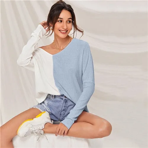 SHEIN Multicolor V-neck Two Tone Rib-knit Tee Women Autumn Drop Shoulder Long Sleeve Colorblock Casual T-shirt Tops