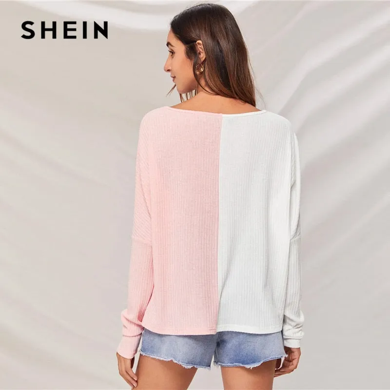 SHEIN Multicolor V-neck Two Tone Rib-knit Tee Women Autumn Drop Shoulder Long Sleeve Colorblock Casual T-shirt Tops