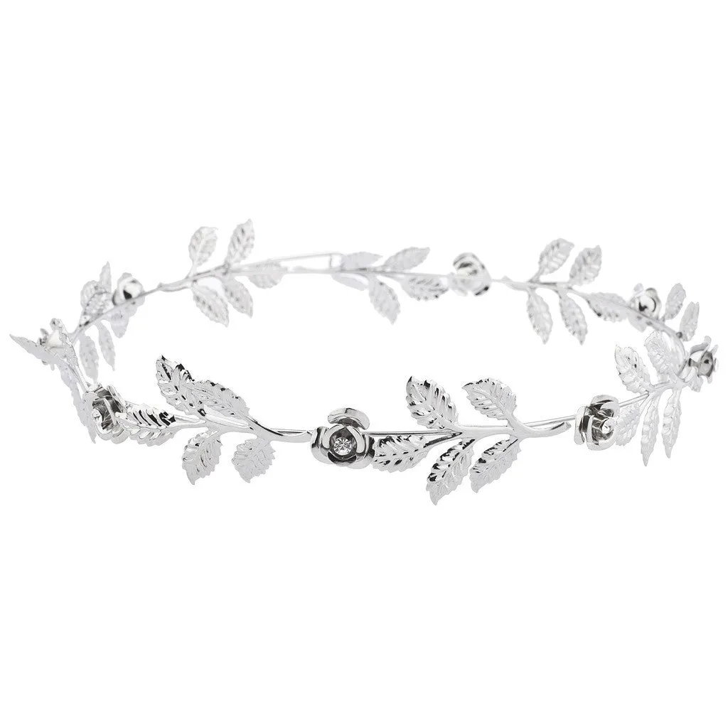 Silver tone and Rhinestone Leaf Leaves Metal Flower Crown