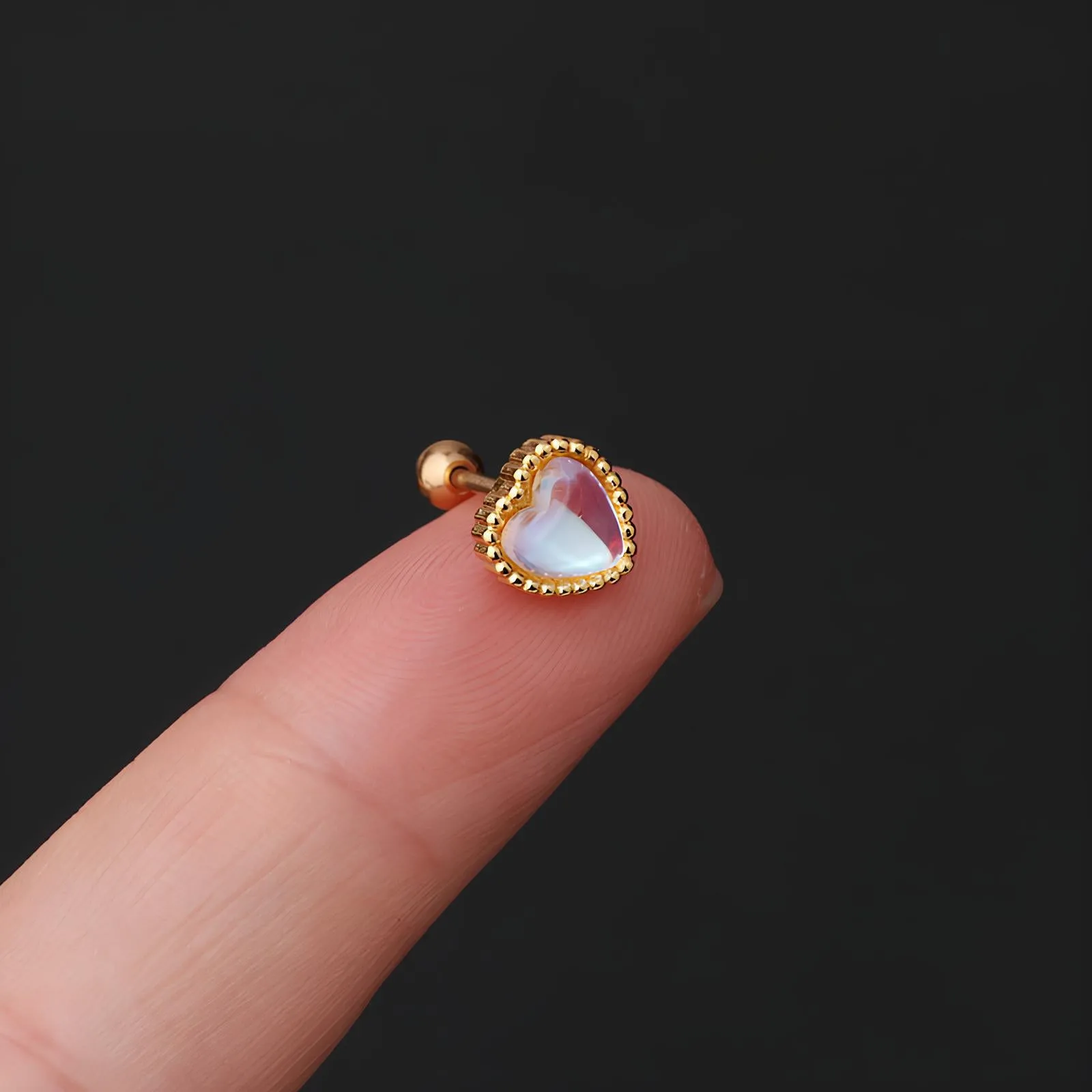 Simple Round & Peach Heart Moonstone Ear Bone Stud – Stainless Steel