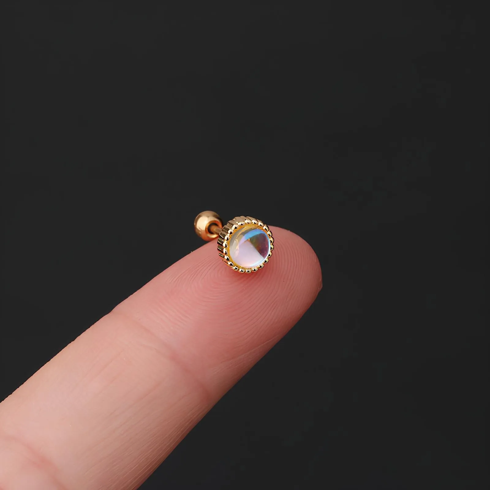 Simple Round & Peach Heart Moonstone Ear Bone Stud – Stainless Steel