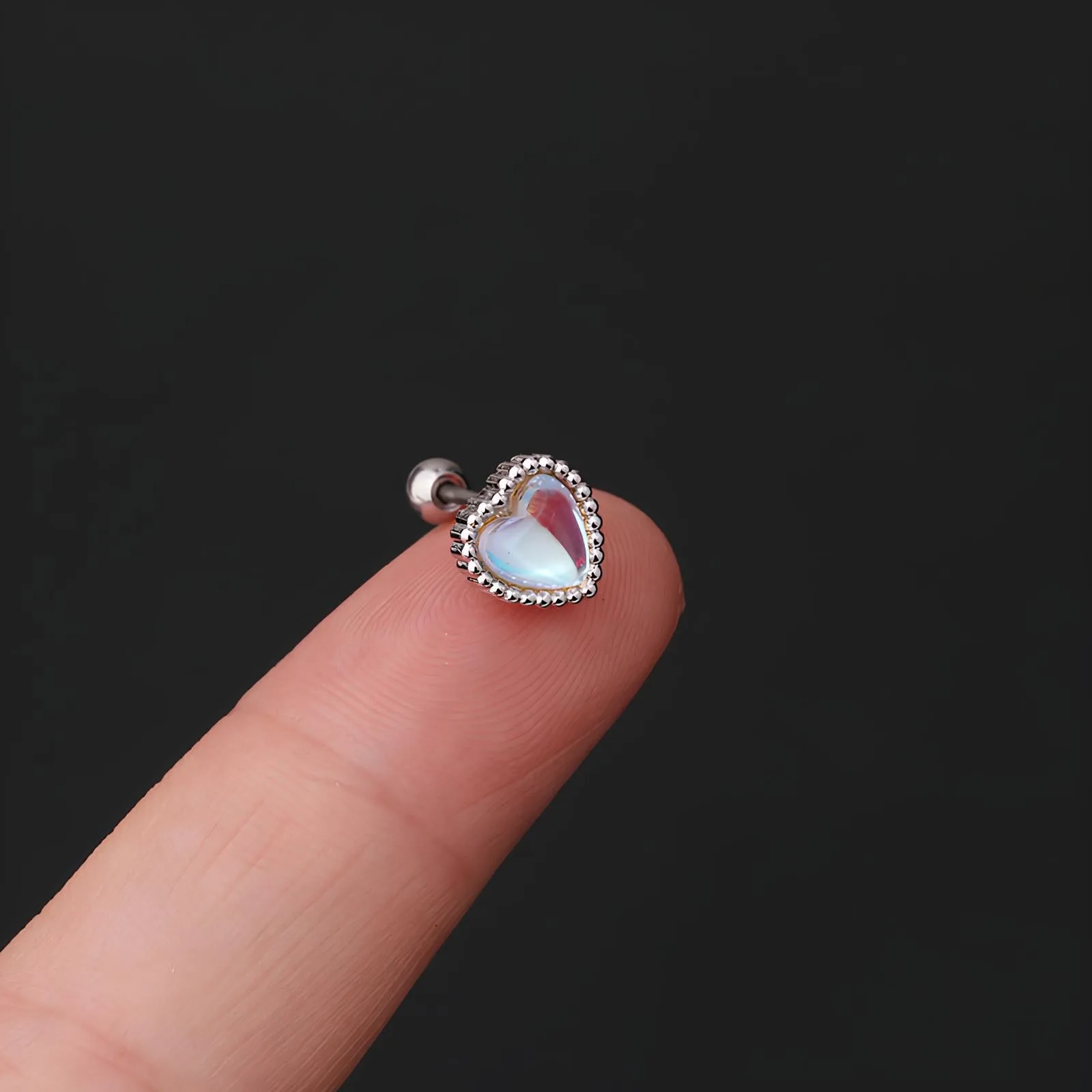 Simple Round & Peach Heart Moonstone Ear Bone Stud – Stainless Steel