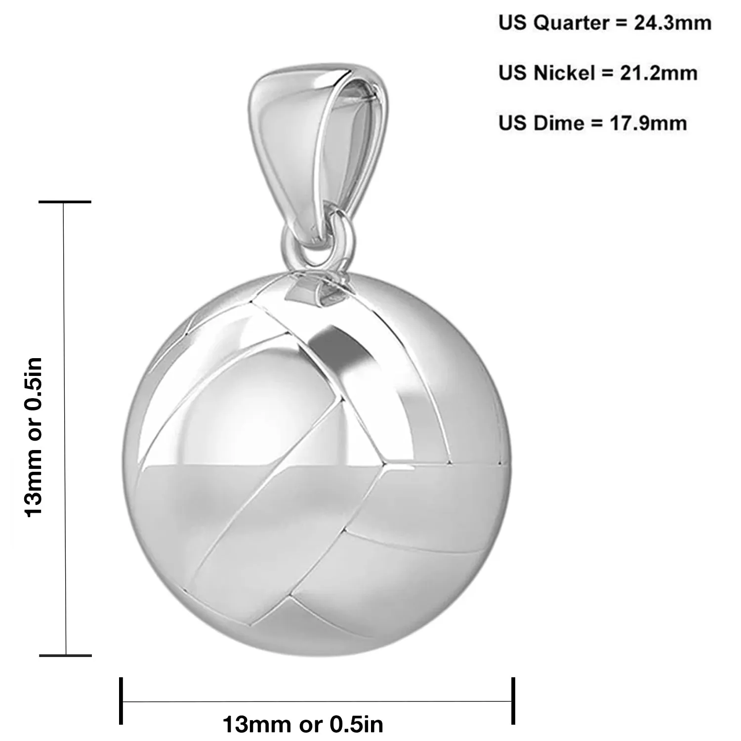 Small 925 Sterling Silver 3D Volley Ball Pendant Necklace, 13mm