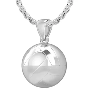 Small 925 Sterling Silver 3D Volley Ball Pendant Necklace, 13mm