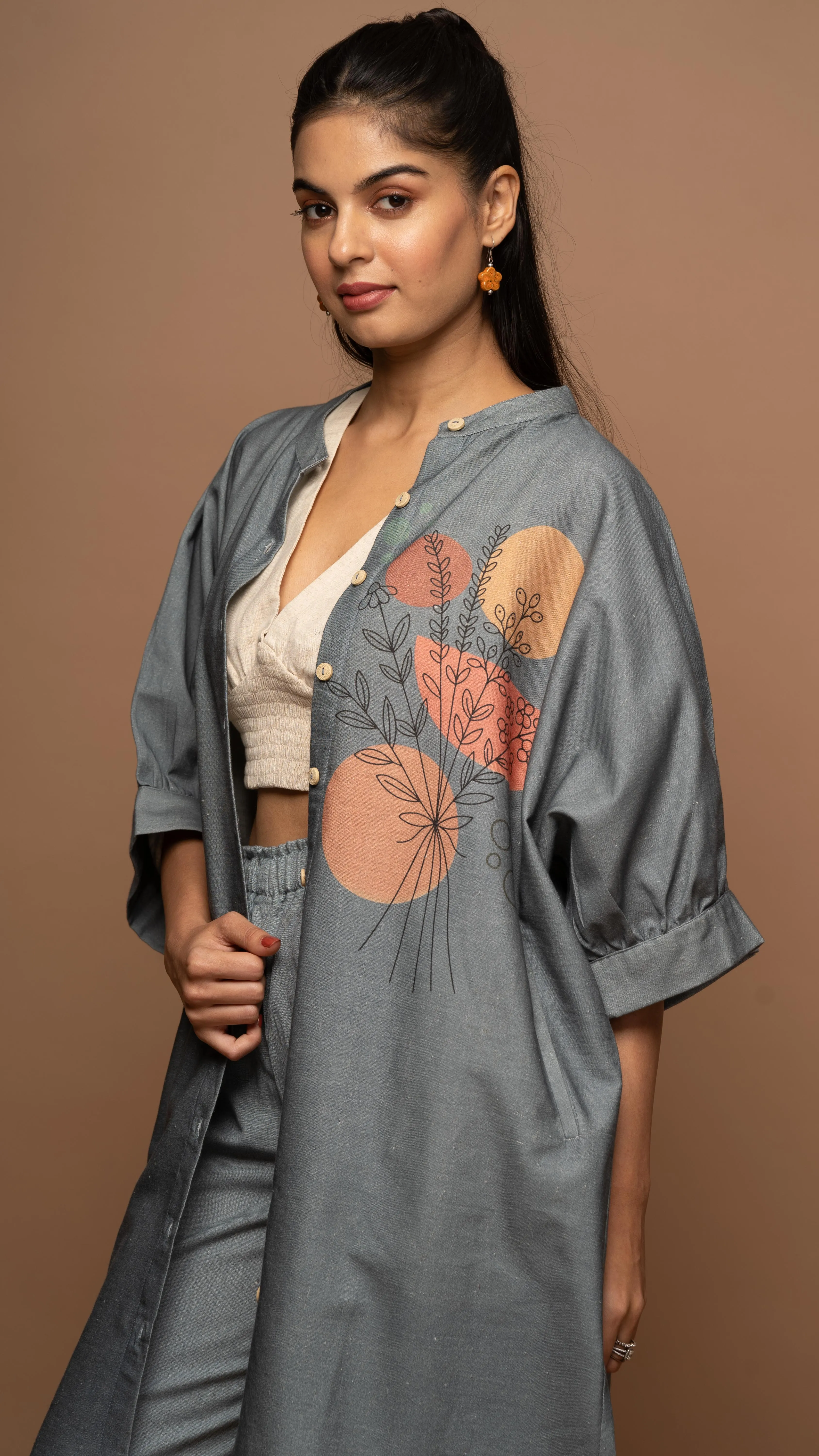Smoky Gray Floral Whispers: Co-ord Pants Set