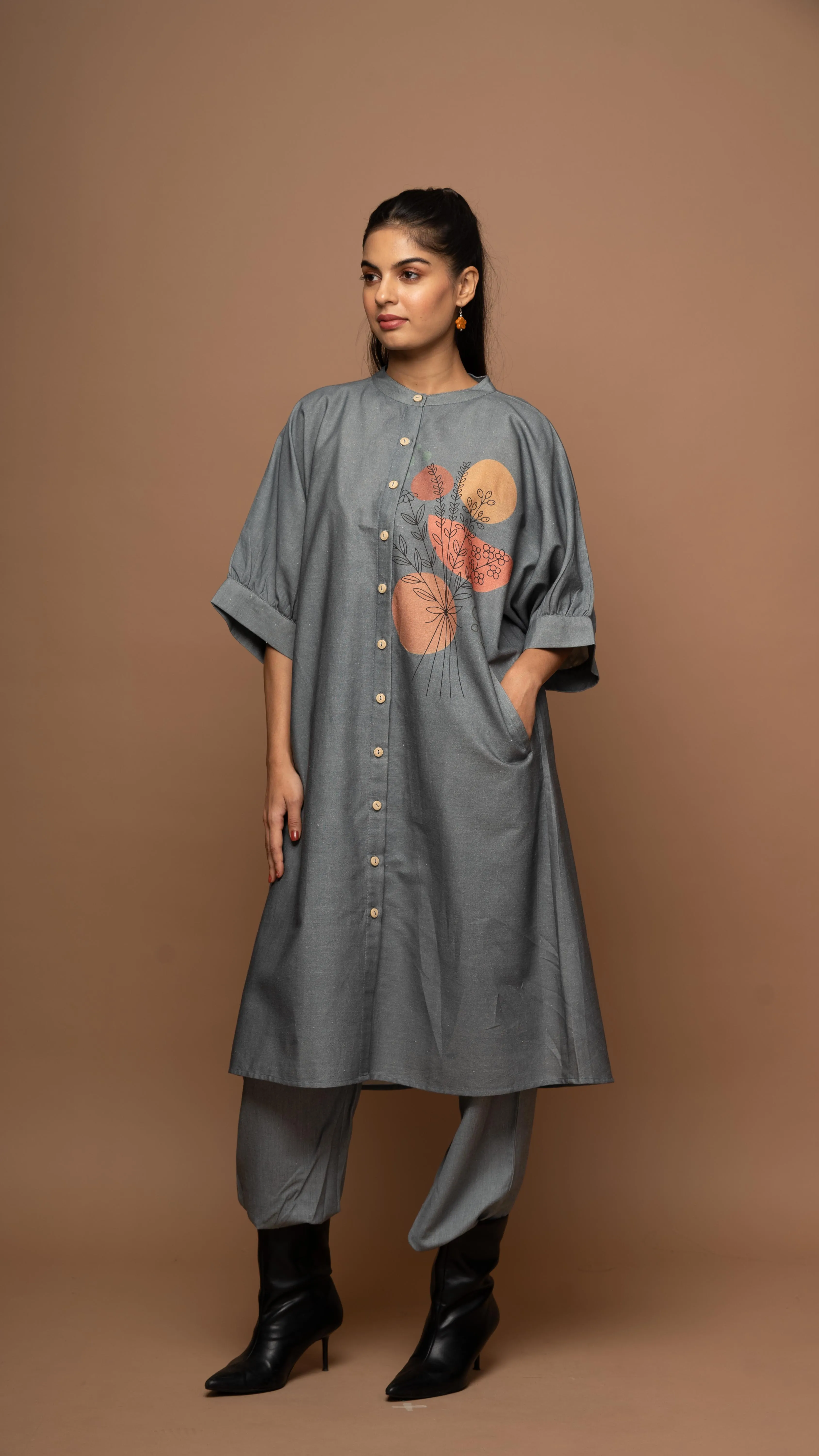 Smoky Gray Floral Whispers: Co-ord Pants Set