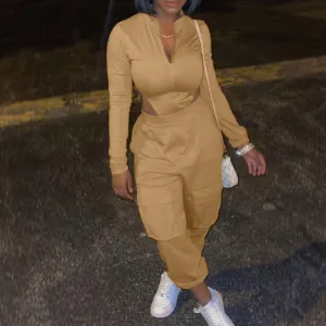 Solid Long Sleeve Bodysuit & Pocket Design Pants Set