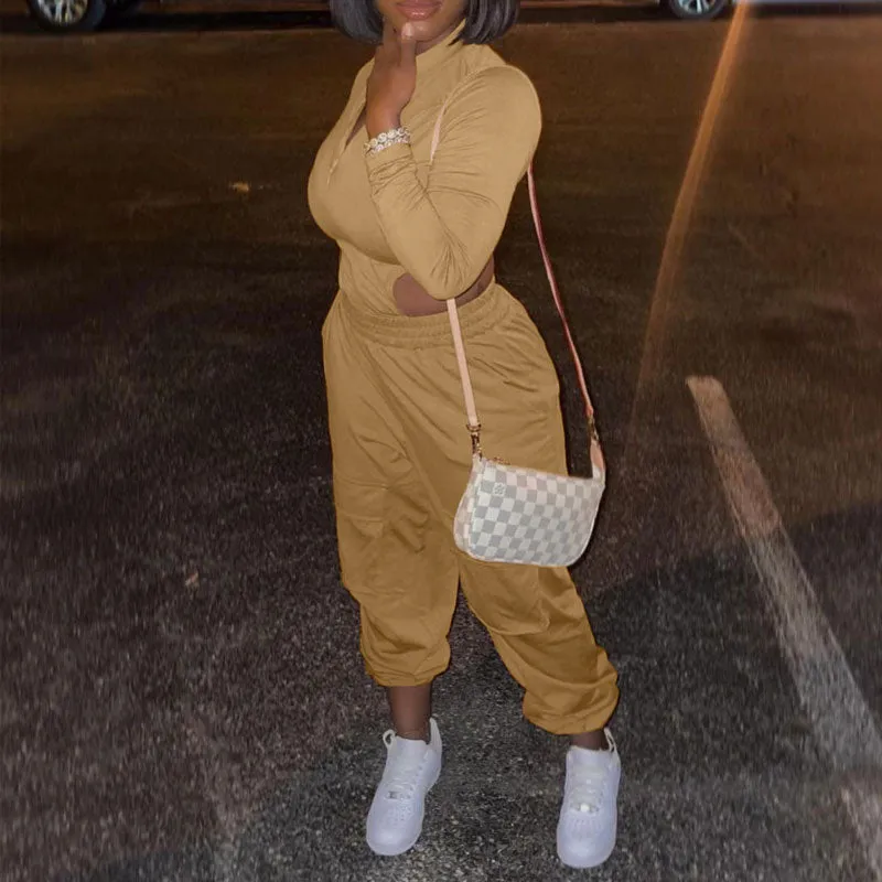 Solid Long Sleeve Bodysuit & Pocket Design Pants Set