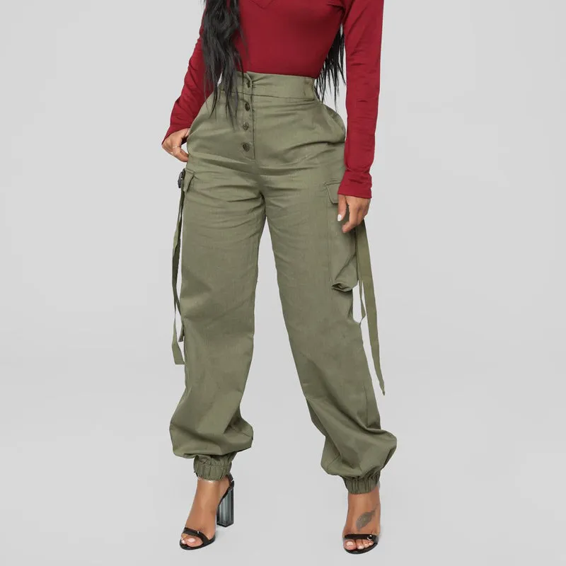 Solid Pocket Design Button Detailed Casual Pants