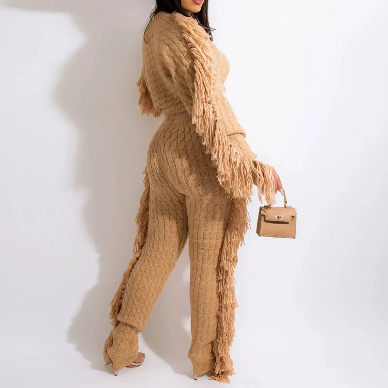 Solid Tassel Design Knitted Top & Pants Set