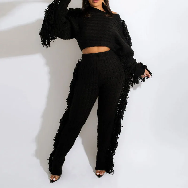 Solid Tassel Design Knitted Top & Pants Set