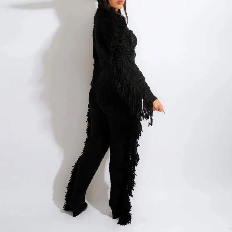 Solid Tassel Design Knitted Top & Pants Set