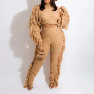 Solid Tassel Design Knitted Top & Pants Set