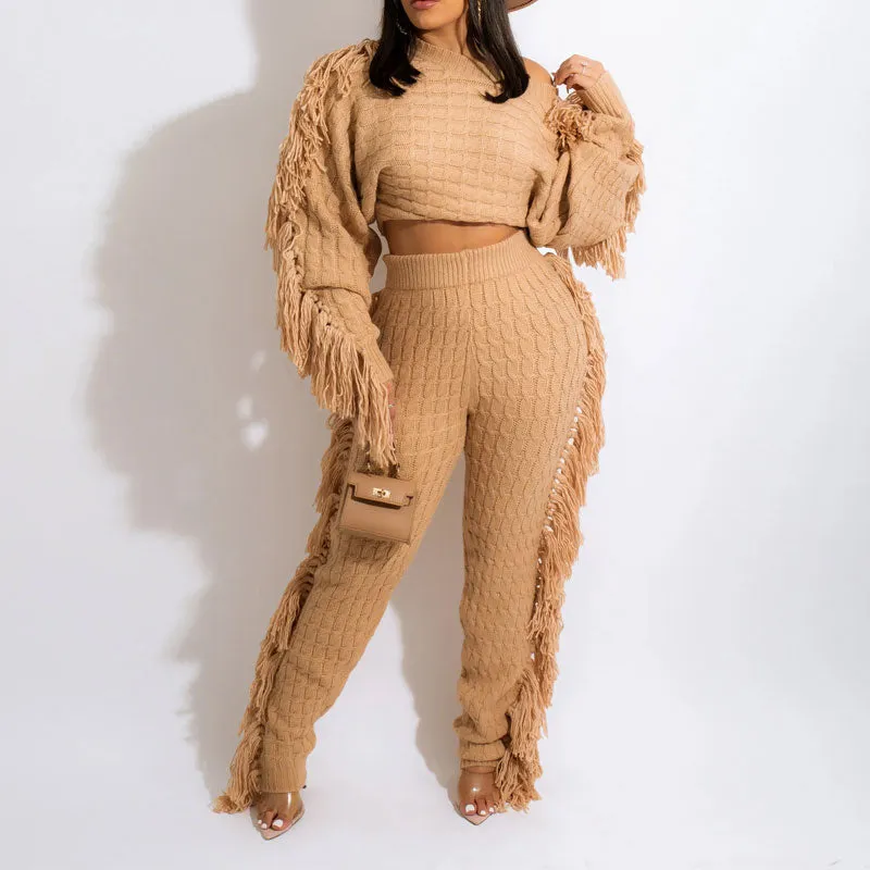 Solid Tassel Design Knitted Top & Pants Set