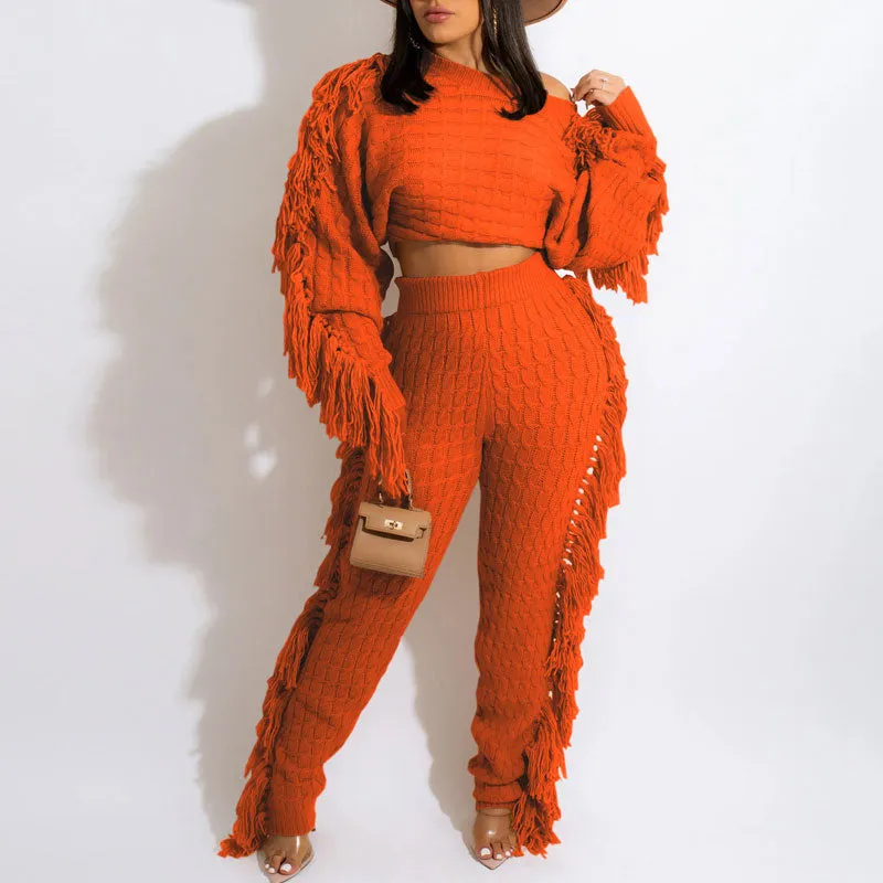 Solid Tassel Design Knitted Top & Pants Set