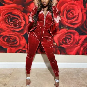 Solid Velvet Pocket Design Hoodie Top & Pants Set