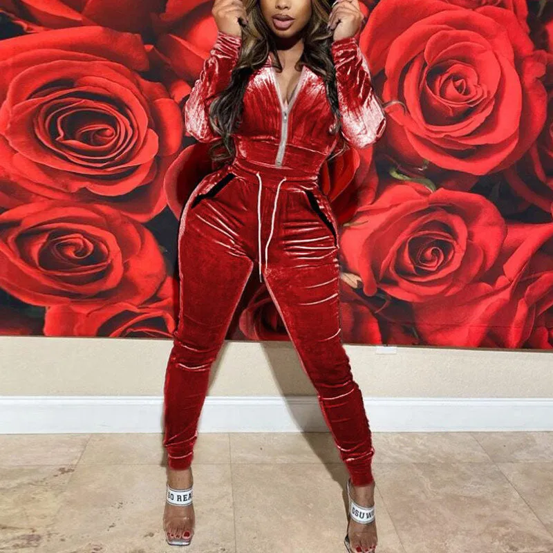 Solid Velvet Pocket Design Hoodie Top & Pants Set