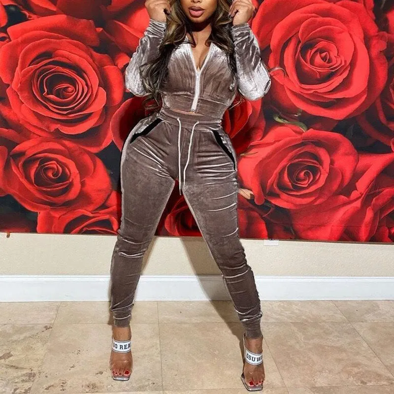 Solid Velvet Pocket Design Hoodie Top & Pants Set