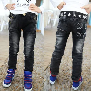 Spring boys pants black color with white print hight boys kids jeans for children 2 to 12 years old B141