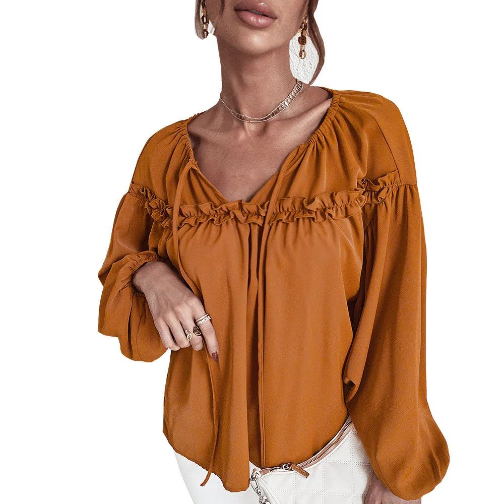Striped Fringed Lantern Sleeve Blouse