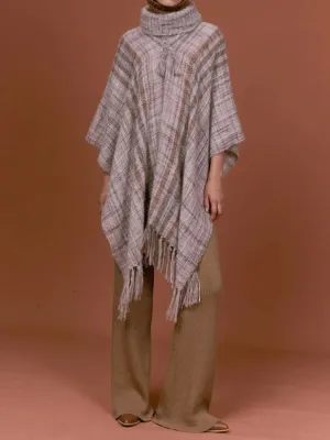 Stylish Loose Long Sleeves Plaid Asymmetric Stand Collar Shawl&Cloak