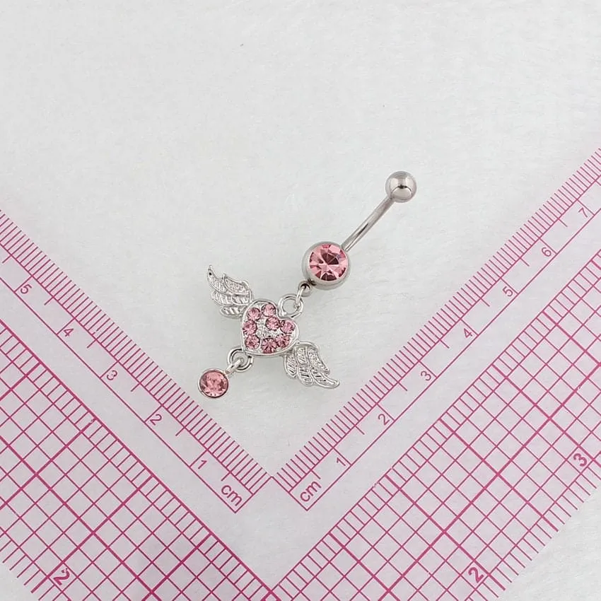 Surgical Stainless Steel Pink Rhinestone Inlaid Heart Wing Dangle Navel Ring