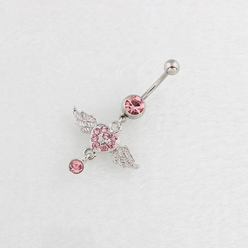Surgical Stainless Steel Pink Rhinestone Inlaid Heart Wing Dangle Navel Ring