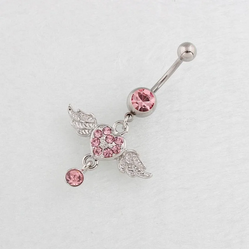 Surgical Stainless Steel Pink Rhinestone Inlaid Heart Wing Dangle Navel Ring