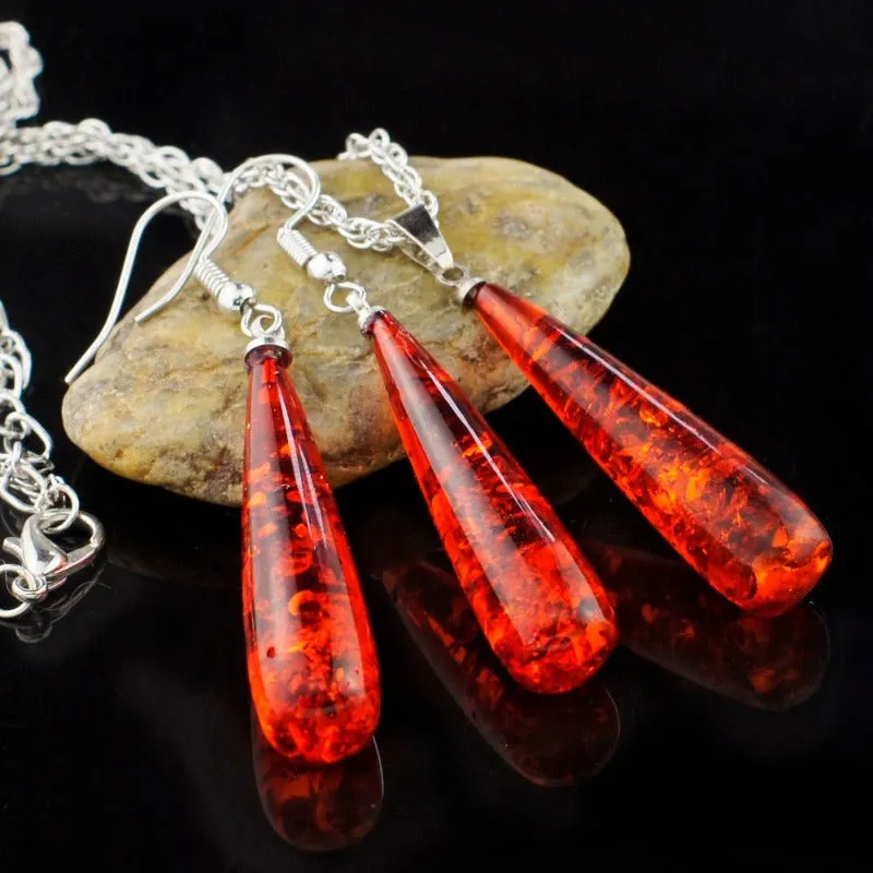 Tear Drop Baltic Pendant Jewelry Set  Women Necklace Earring Wedding