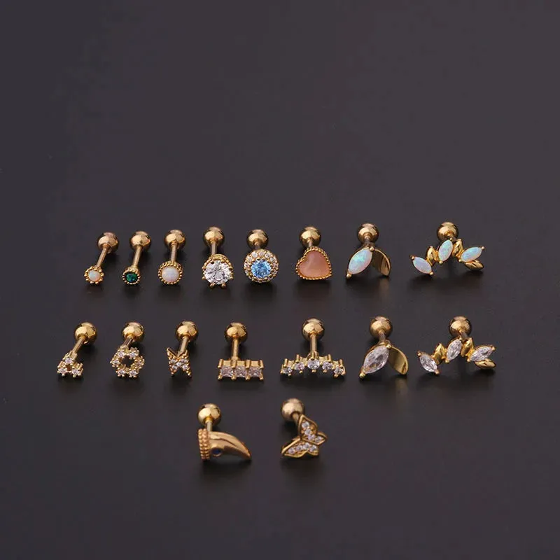 Titanium Steel Zircon Opal Cartilage Stud Earrings - 16g Helix Piercing Jewelry