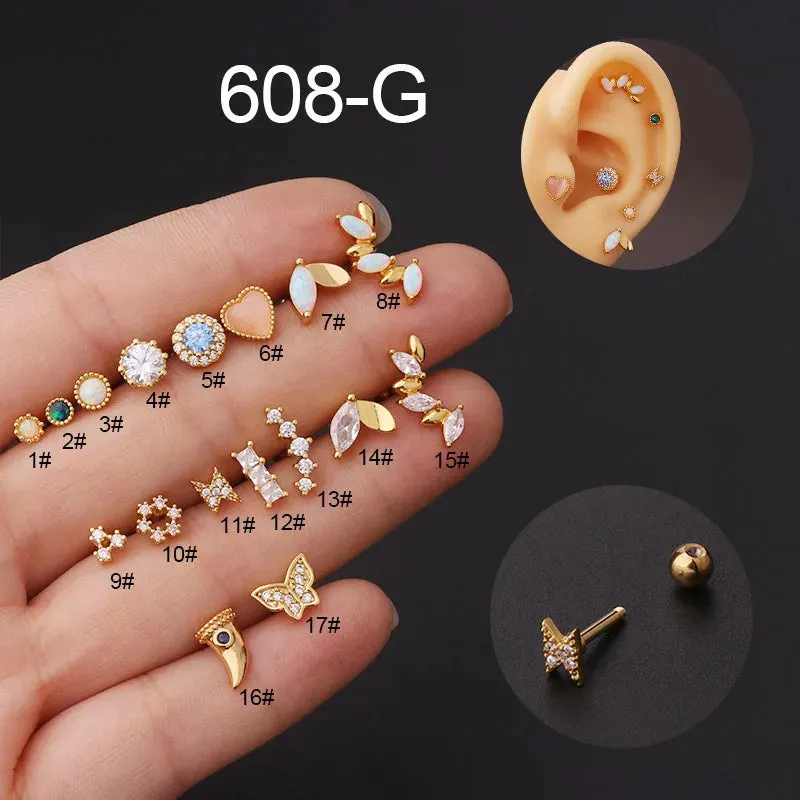 Titanium Steel Zircon Opal Cartilage Stud Earrings - 16g Helix Piercing Jewelry