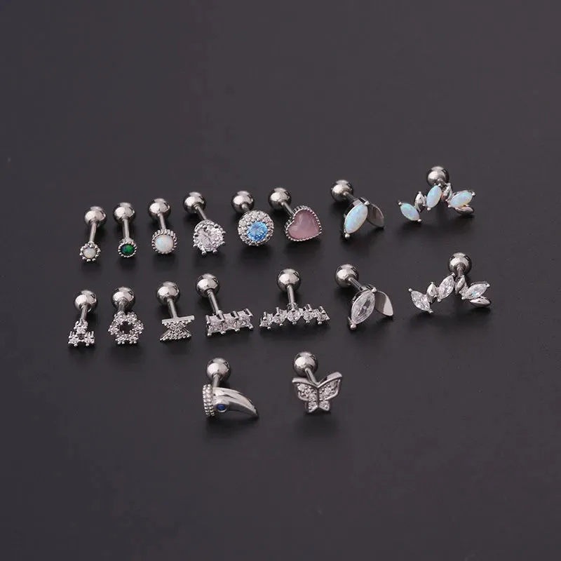 Titanium Steel Zircon Opal Cartilage Stud Earrings - 16g Helix Piercing Jewelry