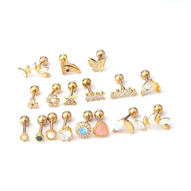 Titanium Steel Zircon Opal Cartilage Stud Earrings - 16g Helix Piercing Jewelry
