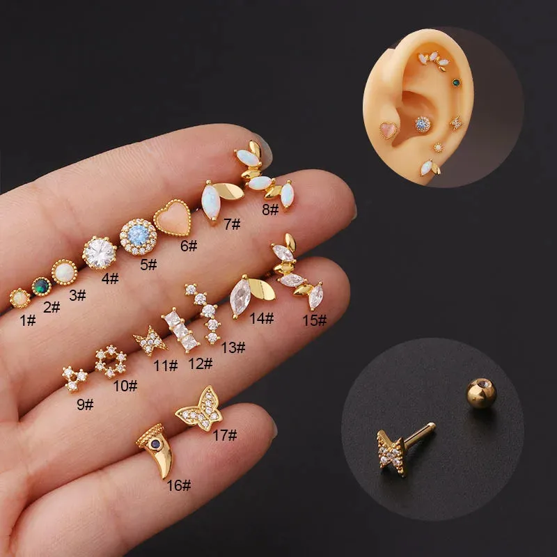 Titanium Steel Zircon Opal Cartilage Stud Earrings - 16g Helix Piercing Jewelry