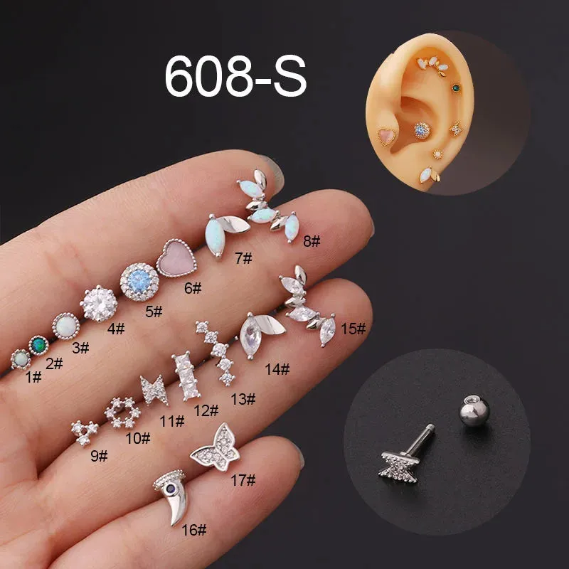 Titanium Steel Zircon Opal Cartilage Stud Earrings - 16g Helix Piercing Jewelry