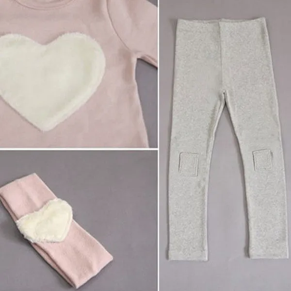 Toddler Girls Clothing Sets Baby Kids Heart Shirt Dress Leggings Headband Kids 3PCS Cotton Outfit 2--7Y