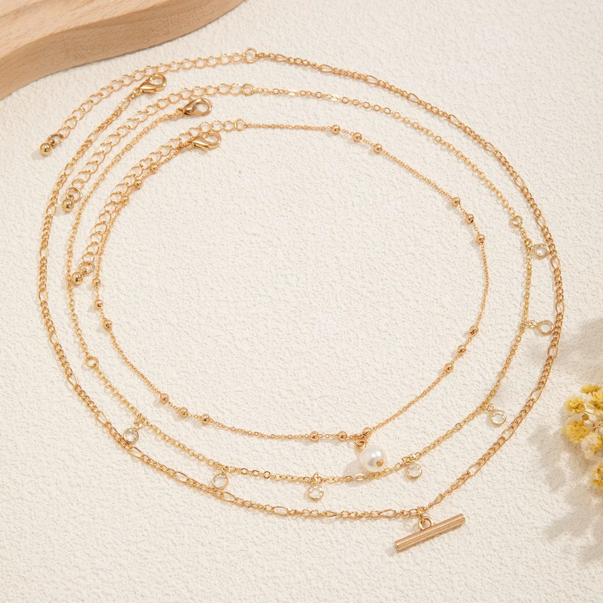 Trendy Layered CZ Tassel Bar Pearl Pendant Cable Chain Necklace Set